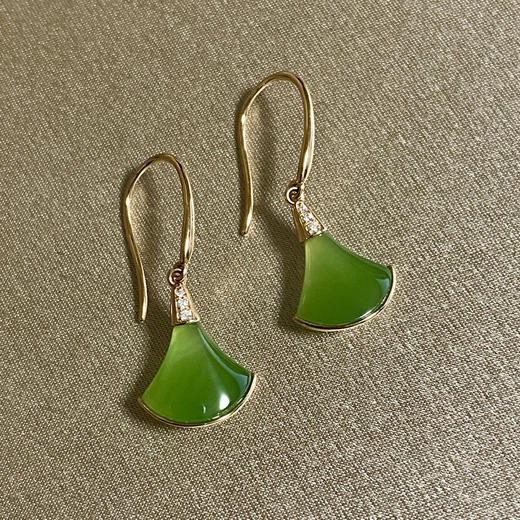 18K玫瑰金和田玉（碧玉）镶钻耳饰--舞/扇形8.5*10mm/总长26mm/苹果绿 商品图0