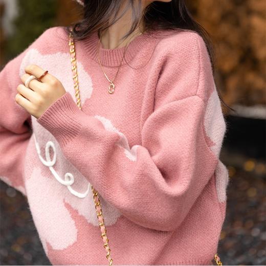 日韩秋冬新款花朵毛衣女气质宽松慵懒风设计感撞色提花套头针织衫 商品图2