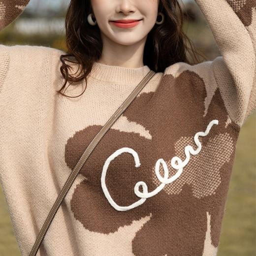 日韩秋冬新款花朵毛衣女气质宽松慵懒风设计感撞色提花套头针织衫 商品图1