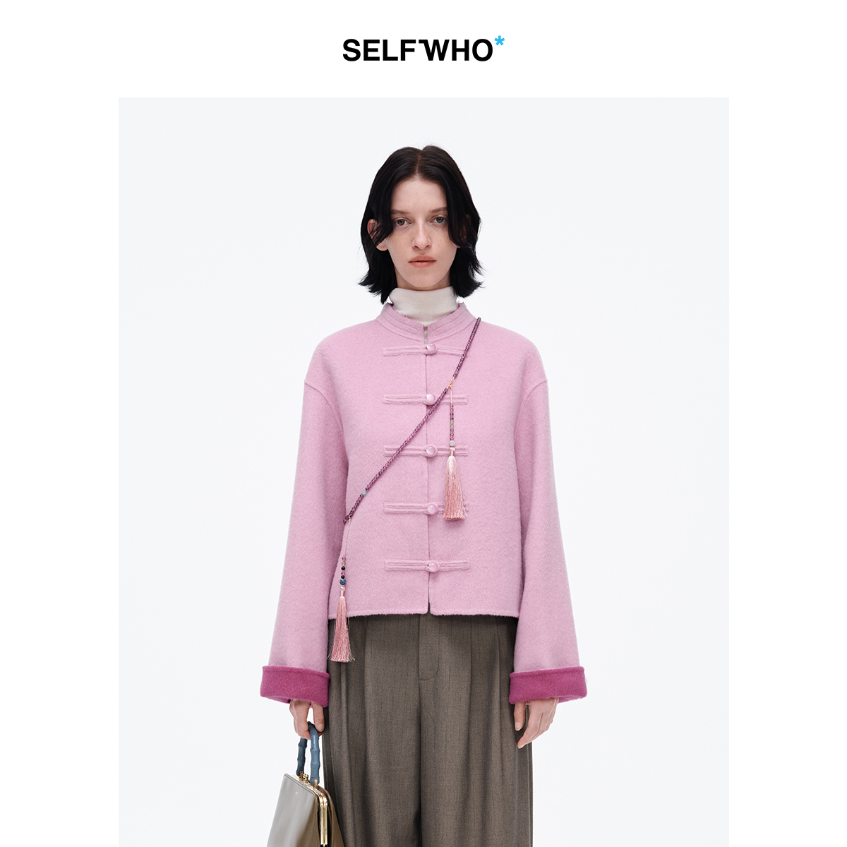 [姜妍同款]SELFWHO绵羊毛新中式大衣外套女25春季国风粉色短上衣