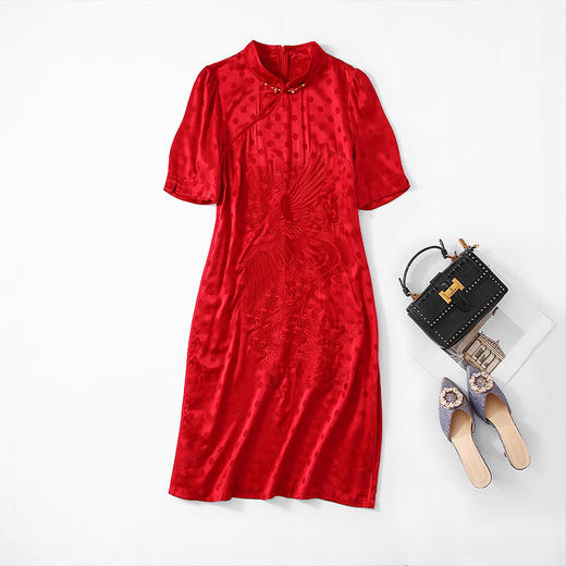 丁摩 夏季新品女装国风旗袍波点提花凤凰刺绣A字版双乔真丝连衣裙5ZF-75214 商品图4