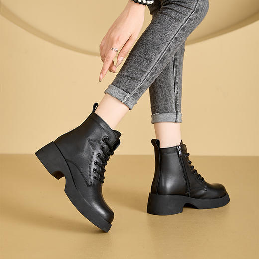 丁摩 秋季新品真皮复古马丁靴女韩版侧拉链女式皮靴厚底休闲女鞋子5ZF-513-2 商品图2