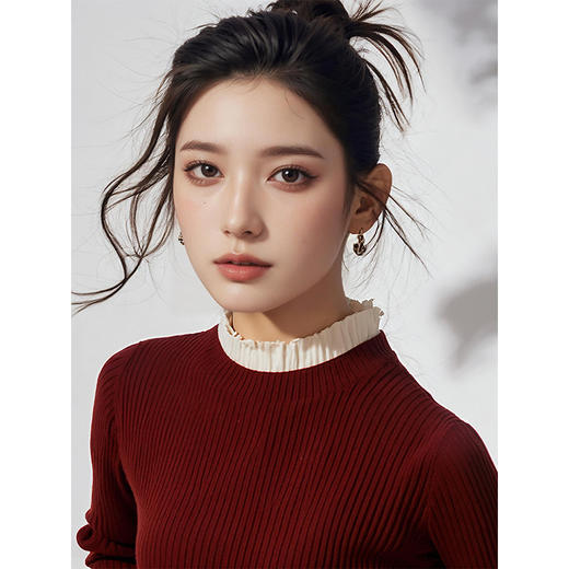 奢姿2025年春季新款大码女装拼接喇叭袖上衣胖妹妹港风复古针织衫9844627546 商品图1