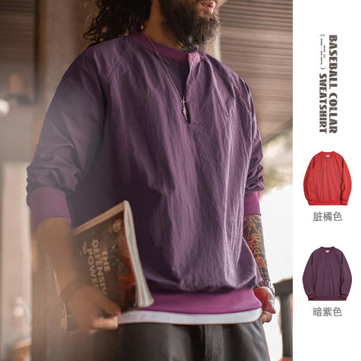 工装优选 美式复古棒球领卫衣新年红色上衣宽松套头衫圆领T恤男春 商品图0