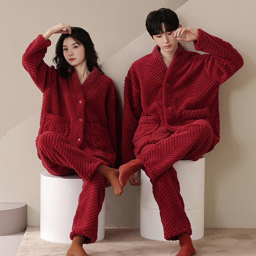 丁摩 珊瑚绒情侣睡衣秋冬款结婚新婚套装一男一女冬季本命年长袖家居服5ZF-9013 商品图0