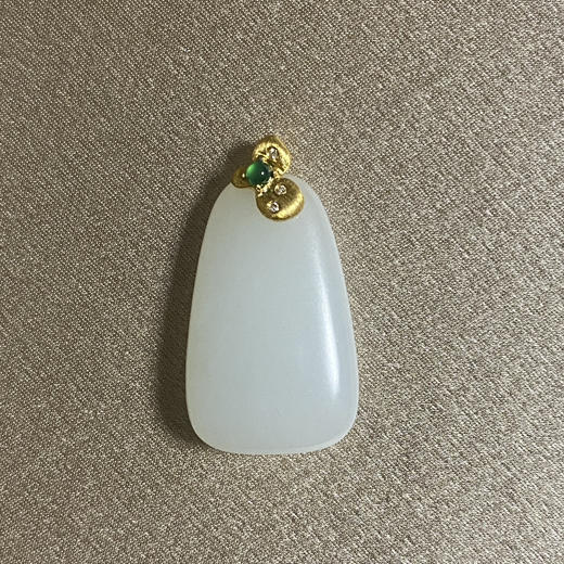 18K古法黄金和田玉（白玉）镶钻吊坠--心生欢喜/小玉牌16*26mm/配镶翡翠、钻石 商品图0