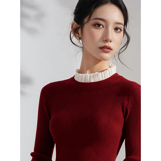 奢姿2025年春季新款大码女装拼接喇叭袖上衣胖妹妹港风复古针织衫9844627546 商品图2