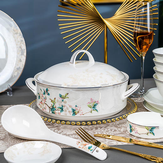 唐惠唐山骨瓷餐具套装釉上彩中式碗盘餐具乔迁皮盒包装 如花似月50头 商品图2