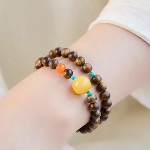 【经典】暖阳天然蜜蜡转运珠沉香木双圈手串6mm  南红绿松石天然蜜蜡手链带证书 商品图1