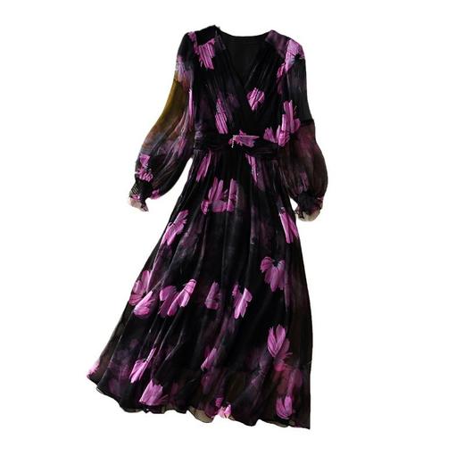 丁摩 真丝连衣裙春夏浪漫法式碎花裙桑蚕丝裙5ZF-0328 商品图4