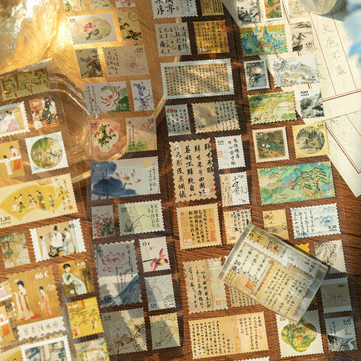 山河邮局模切邮票贴纸手帐胶带 国风书法山水名画手帐diy装饰贴画 商品图1