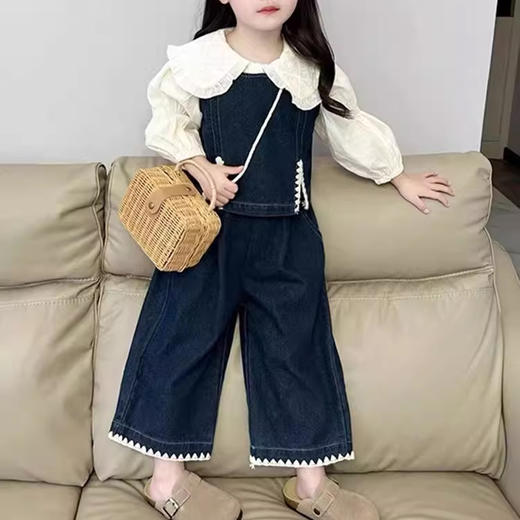 裁缝学苑TQ137秋季新款女童时髦翻领衬衫套装中小童洋气百搭牛仔马甲休闲裤 商品图5