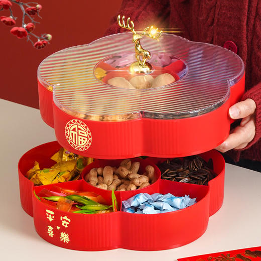 【送福字贴❗️平安喜乐多层果盘】吉祥麋鹿提手，好寓意/享美味！创意干果盘带盖家用塑料果瓜子盘分格水果盘客厅零食盒糖果盒 商品图2