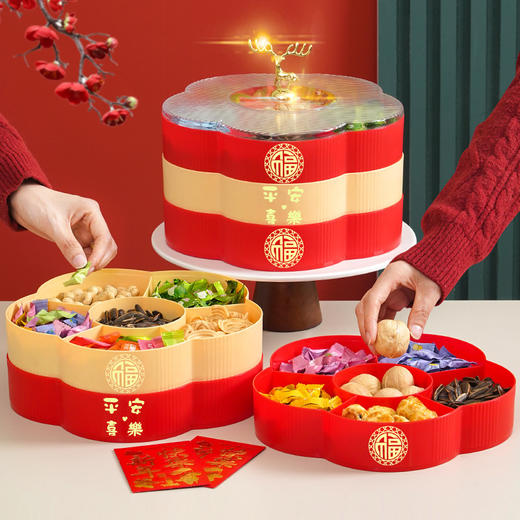 【送福字贴❗️平安喜乐多层果盘】吉祥麋鹿提手，好寓意/享美味！创意干果盘带盖家用塑料果瓜子盘分格水果盘客厅零食盒糖果盒 商品图1