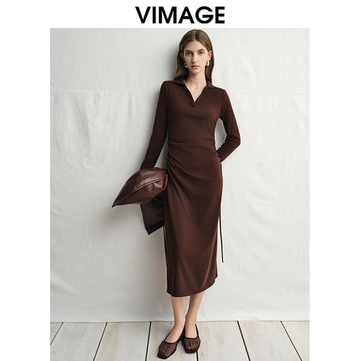 VIMAGE纬漫纪气质女神垂坠修身高腰显瘦深卡其连衣裙2025春季新款V2307920 商品图0