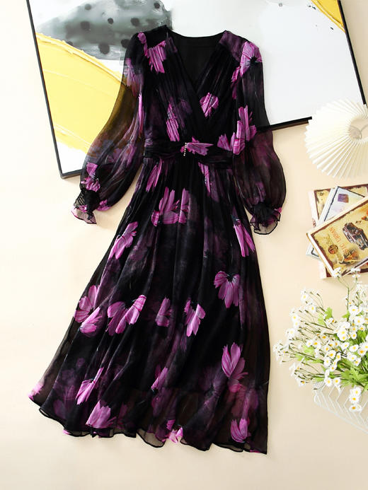 丁摩 真丝连衣裙春夏浪漫法式碎花裙桑蚕丝裙5ZF-0328 商品图5