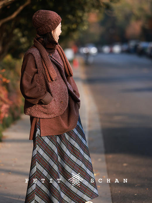 PETIT SCHAN小闪 CLO#706 Time's skirt 时间的长裙 羊毛棉松紧腰格纹斜裁伞裙长半裙 商品图3