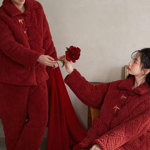 【本命年金竹国风】三层加厚夹棉情侣冬季加绒加厚红色新婚男女家居服 商品图1