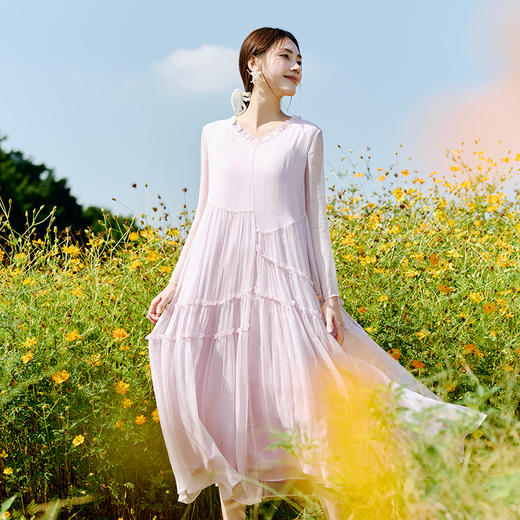 【林栖设计小店】桑蚕丝真丝混纺连衣裙拼不规则花边2025春季新品花仙子长裙女1951086 商品图1
