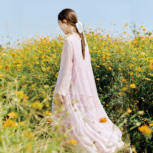 【林栖设计小店】桑蚕丝真丝混纺连衣裙拼不规则花边2025春季新品花仙子长裙女1951086 商品图2