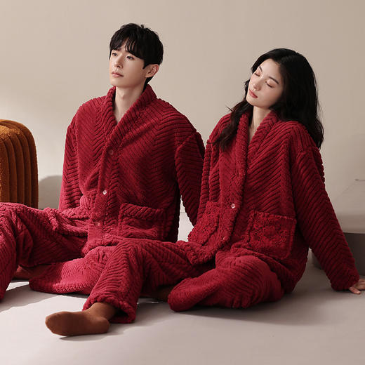 丁摩 珊瑚绒情侣睡衣秋冬款结婚新婚套装一男一女冬季本命年长袖家居服5ZF-9013 商品图3