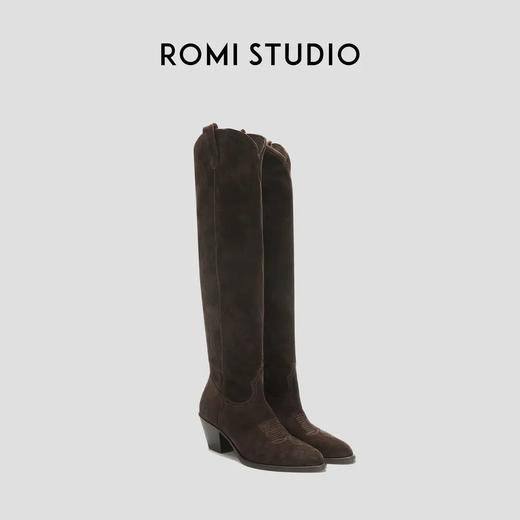 ROMI STUDIO“纽约美式”丝光牛反绒粗跟尖头布朗棕高筒靴 23AWS087 商品图0