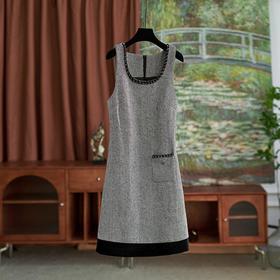 【高货wl】全新升级【铂金会员339/天猫459/差价120】(65853) 洛诗琳秋冬新款U领链条撞色优雅小香风背心连衣裙