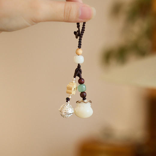 敦煌【有钱花摇钱袋菩提铃铛挂件】敦煌福泽白玉菩提钱袋钥匙扣铃铛摇钱花创意挂件汽车钥匙扣 商品图0