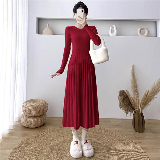 新年鸿运红色连衣裙小黑裙韩版连衣裙中长款显瘦针织洋装女秋季新款长袖收腰打底毛衣裙长裙 商品图3