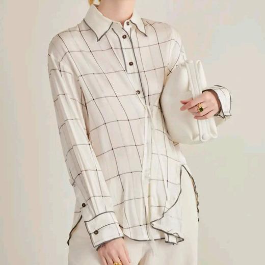 顺丰包邮42024洛诗琳设计感弹力真丝缎经典格纹真丝上衣女10026 商品图3