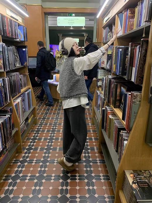 浮生八记/24D185/复古格纹圈圈毛拼色抽皱英伦叠穿保暖马甲 商品图1