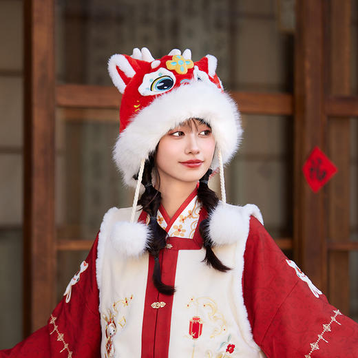 【鸿运当头❗️新年毛绒醒狮帽】春节就要戴新帽，马年秋冬女保暖帽子红色可爱虎头帽卡通龙头雷锋帽年货围巾 商品图6