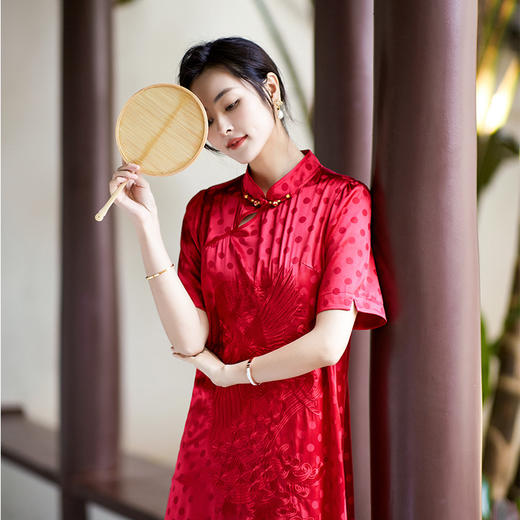 丁摩 夏季新品女装国风旗袍波点提花凤凰刺绣A字版双乔真丝连衣裙5ZF-75214 商品图0