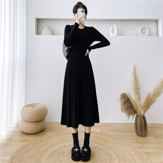 新年鸿运红色连衣裙小黑裙韩版连衣裙中长款显瘦针织洋装女秋季新款长袖收腰打底毛衣裙长裙 商品图1