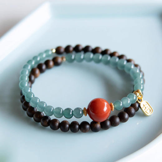 【经典】半山半水天然沉香木翡翠双圈手串5mm  天然翡翠南红转运珠手链珠串新中式带证书 商品图1