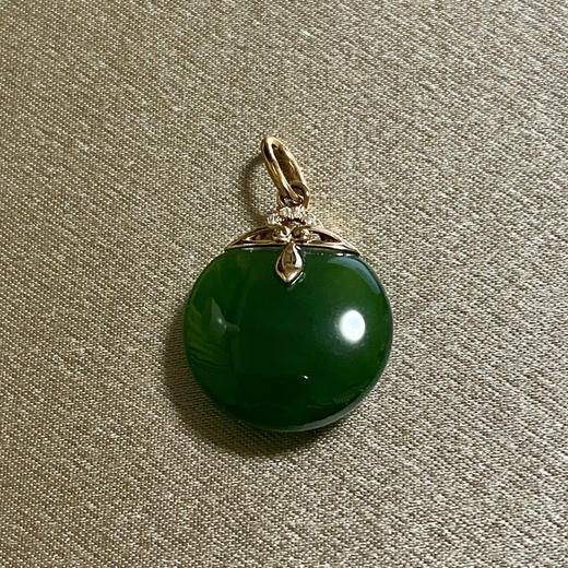 18K玫瑰金和田玉（碧玉）镶钻吊坠--包包/双面圆豆形12*14mm/菠菜绿 商品图0