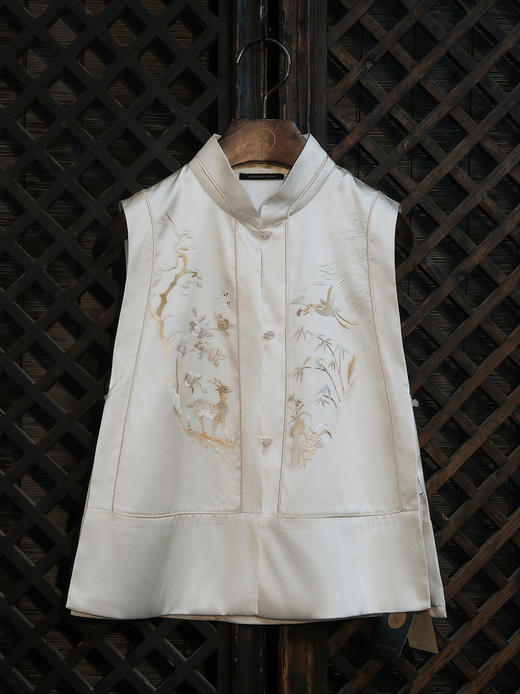 盛唐牡丹|鹤鹿同春手绣真丝马甲-白色 商品图0