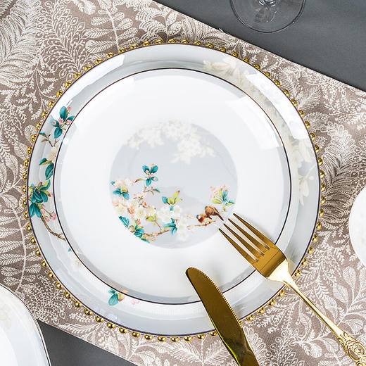 唐惠唐山骨瓷餐具套装釉上彩中式碗盘餐具乔迁皮盒包装 如花似月50头 商品图1