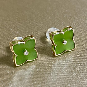 18K玫瑰金和田玉（碧玉）镶钻耳钉--LV四叶草/四叶草10*10mm/苹果绿