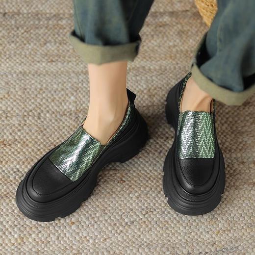 【预售5天】厚底牛皮拼接羊皮单鞋显瘦松糕鞋春秋新款高帮韩版深口粗跟乐福增高女鞋TYMXY&A901 商品图2