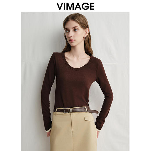 VIMAGE纬漫纪舒适柔软修身纯色长袖设计感T恤上衣春季新款V2313905 商品图2
