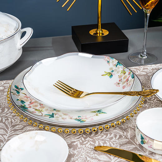 唐惠唐山骨瓷餐具套装釉上彩中式碗盘餐具乔迁皮盒包装 如花似月50头 商品图3