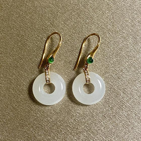 18K玫瑰金和田玉（白玉）镶钻耳饰--平安如意/甜甜圈12mm/总长27mm