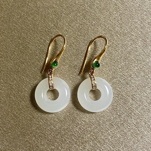 18K玫瑰金和田玉（白玉）镶钻耳饰--平安如意/甜甜圈12mm/总长27mm 商品图0