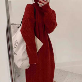 新年战袍鸿运外套红色本命年长款红色毛衣裙女式秋冬2025新款过膝加厚麻花高领针织毛衣连衣裙