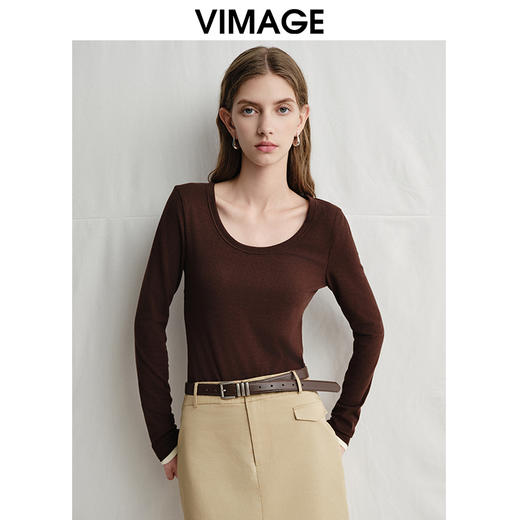 VIMAGE纬漫纪舒适柔软修身纯色长袖设计感T恤上衣春季新款V2313905 商品图0