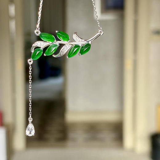 18K白金翡翠镶钻项链--金枝玉叶/马眼2.5*5.5mm 商品图0