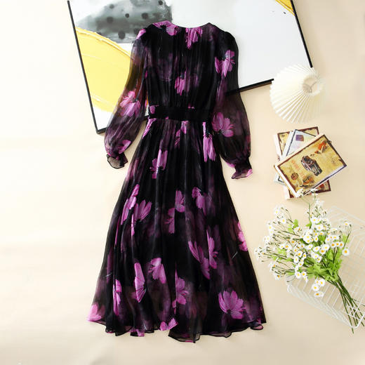 丁摩 真丝连衣裙春夏浪漫法式碎花裙桑蚕丝裙5ZF-0328 商品图1