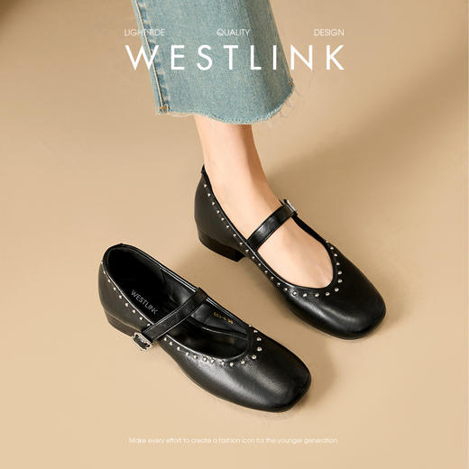 西遇复古玛丽珍女鞋新款法式铆钉圆头小皮鞋软底低跟单鞋V0256264 商品图1