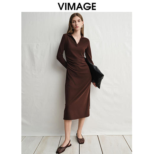 VIMAGE纬漫纪气质女神垂坠修身高腰显瘦深卡其连衣裙2025春季新款V2307920 商品图5